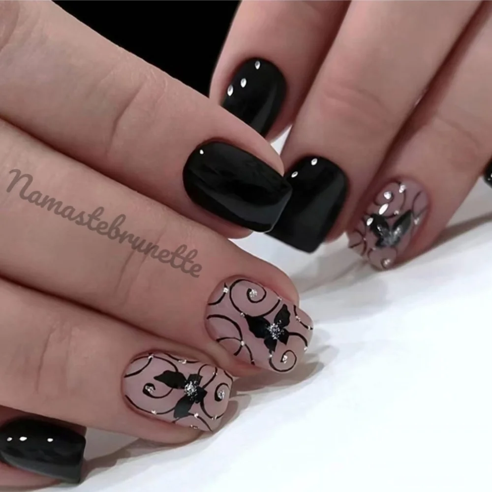 2/$16 Black Butterfly Glitter Press On Nails